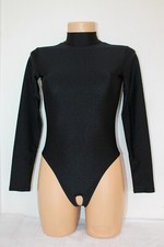 Women Leotard 130-50 Long Sleeve High Collar Hole Crotch Black Spandex Size L