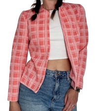 Vintage 1970s Salmon Pink Plaid Blazer Polyester Knit Jacket Hand Tailored
