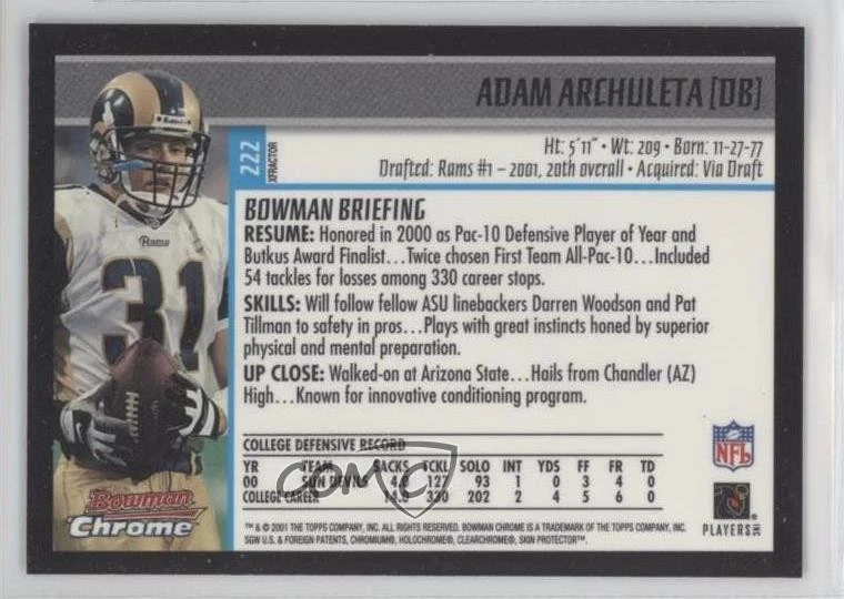 2001 Bowman Chrome Rookie Refractor X-Fractor Adam Archuleta #222 Rookie RC - Image 2 of 2