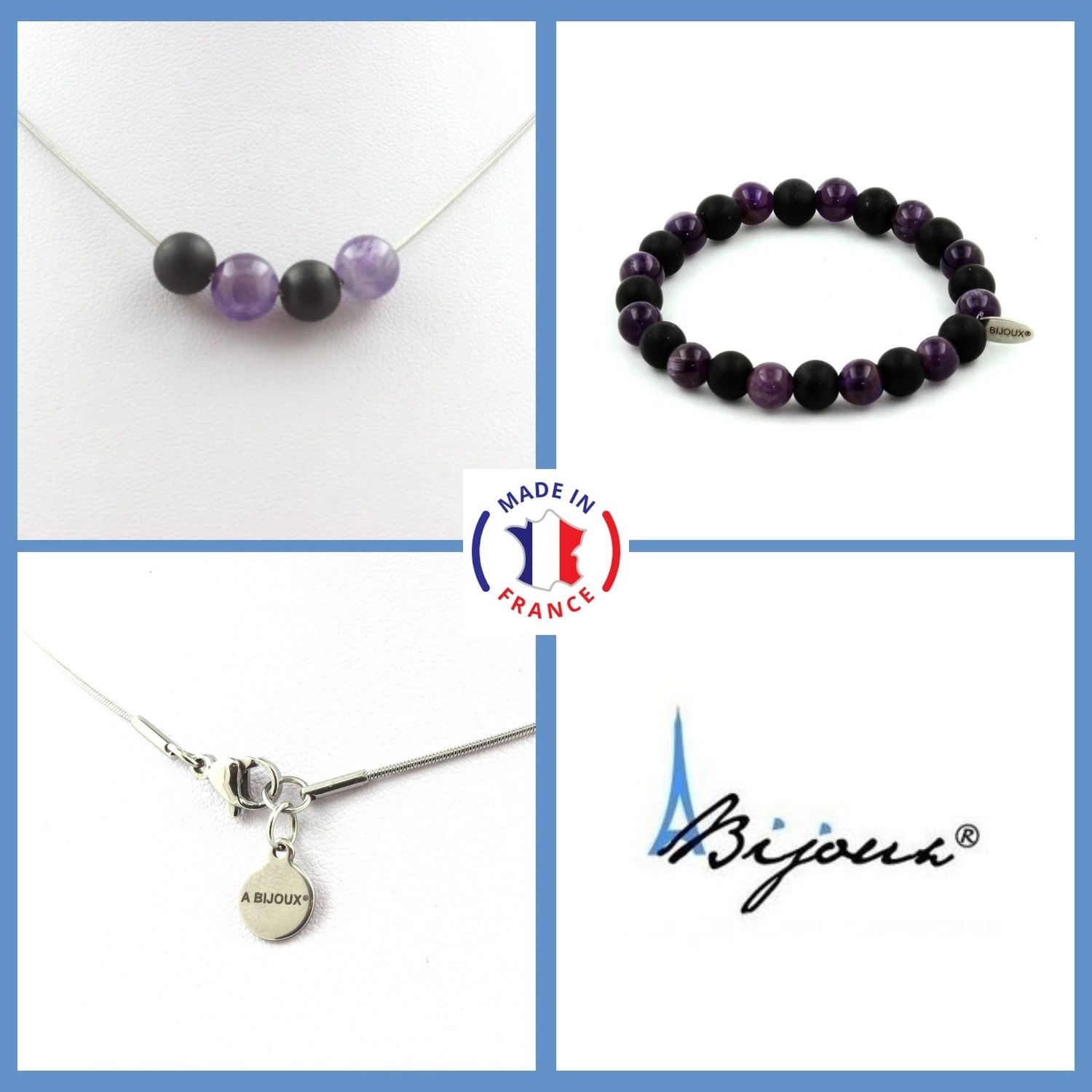 Parure Améthyste et Onyx avec collier et bracelet en pierres naturelles violettes