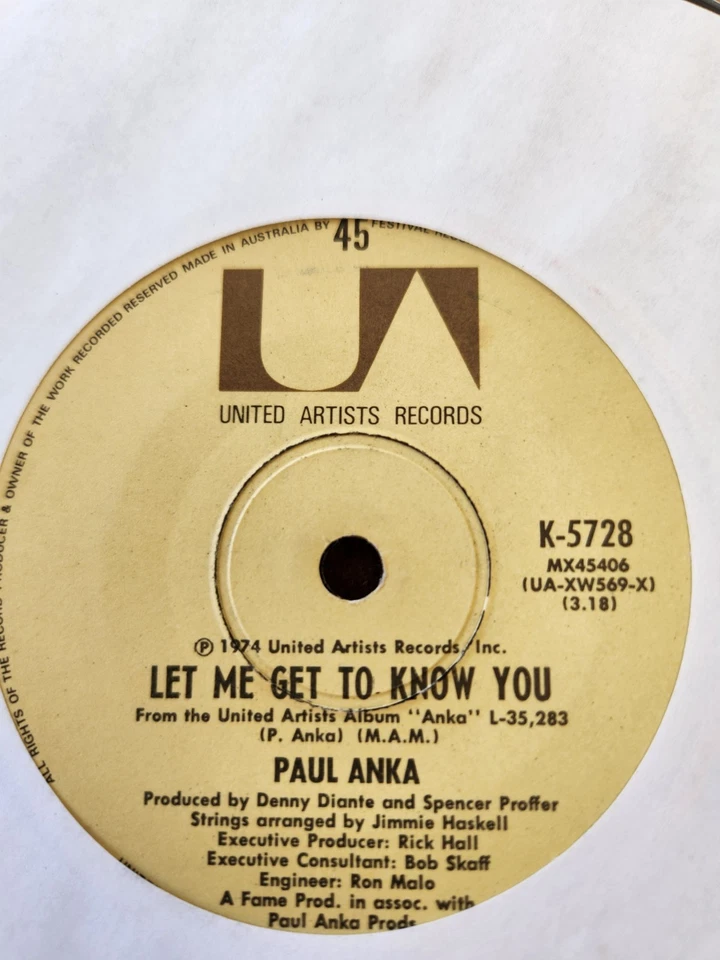 Paul Anka with Odia Coates "One Man Woman..." 1974 UNITED ARTISTS Oz 7" 45rpm - Image 2 of 2