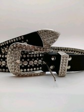 Western Rhinestone Belt Black Genuine Leather Women's Size L 39 Cowboy Bling