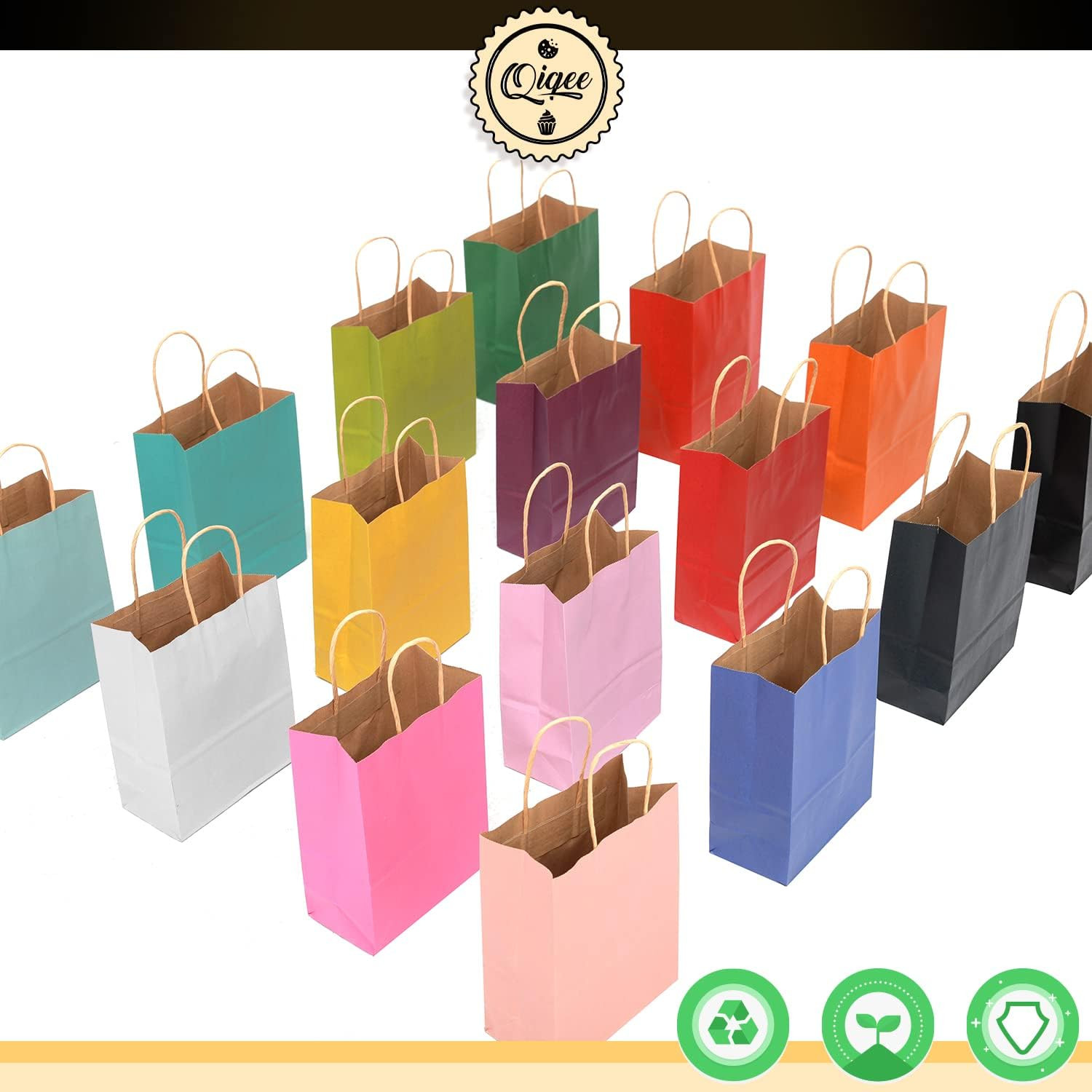 Qiqee 32-Packs Paper Bags with Handles Bulk 8.26"×6"×3.15" Small Gift Bags 16 Di