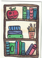 Teacher Apple Book Shelf ACEO Original Watercolor Painting OOAK
