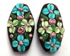 10pcs handmade Lampwork glass Beads blue yellow flower on black 8 15 28mm