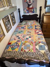 Beautiful Vintage Quilt Patchwork Feedsack Square Block 56 X 75