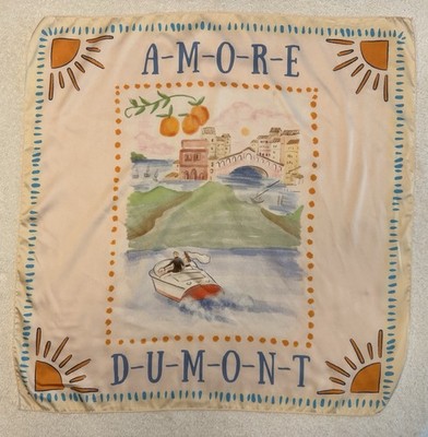 Vintage Dumont Italy Silk Scarf Amore Honeymoon Novelty Print 22  Square Resort