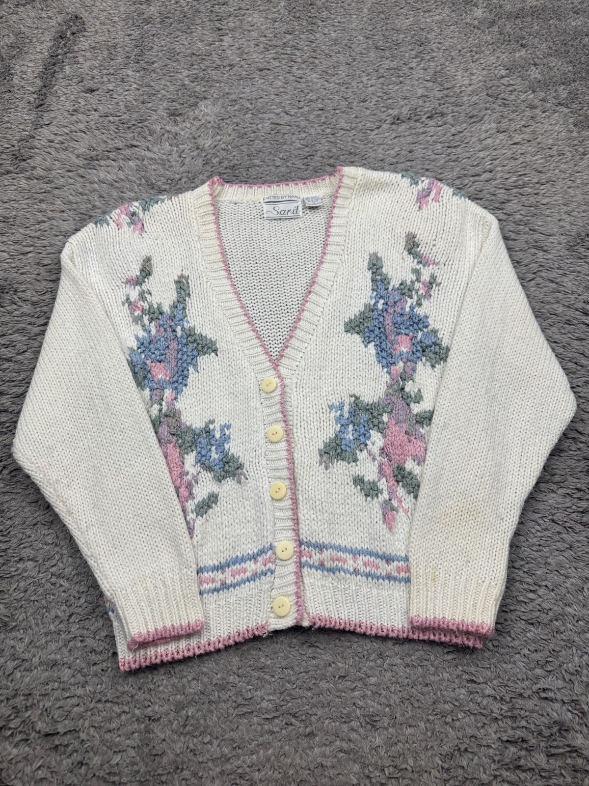 Vtg Hand Knit Sweater Women Medium Creamy Floral Embroidered Granny Cardigan
