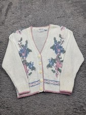 Vtg Hand Knit Sweater Women Medium Creamy Floral Embroidered Granny Cardigan