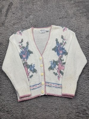 Vtg Hand Knit Sweater Women Medium Creamy Floral Embroidered Granny Cardigan