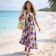 Sundress Size M Sleeveless Cotton Maxi Purple Floral Boho Vacation Resort Beach