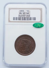 1855 Braided Hair Large 1c One Cent NGC & CAC MS 65 BN - U930