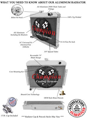 2 Row ER Champion Radiator W/ 16'' Fan for 1970 - 1985 Jeep CJ Series L6, V8 Eng
