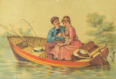 1880's Large F. E Brezer Mfg. & Dealer Boots & Shoes Lady & Man In Boat &N
