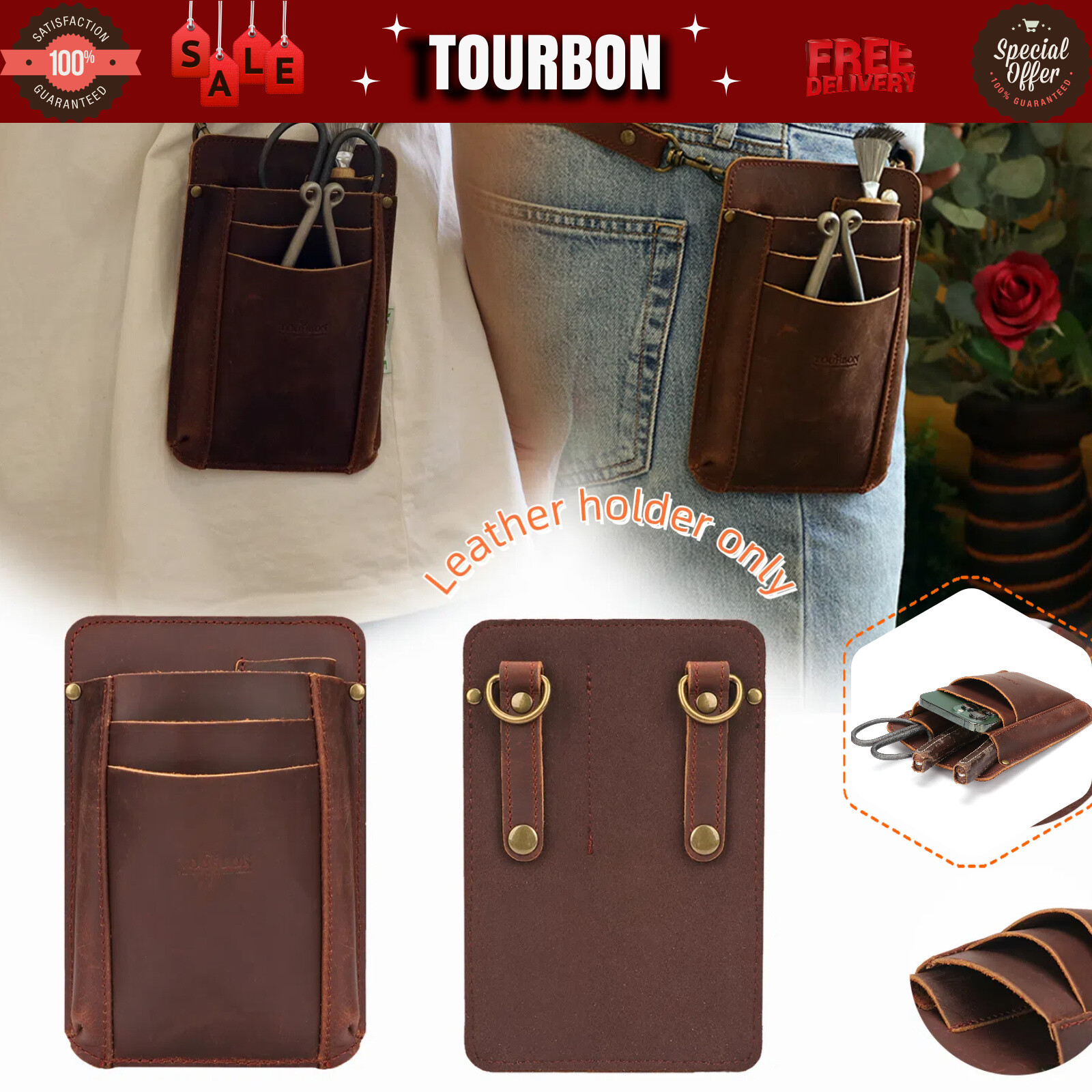 TOURBON Leather Garden ToolS Florist Shears Belt Carry Bag Pouch Phone Case inUK