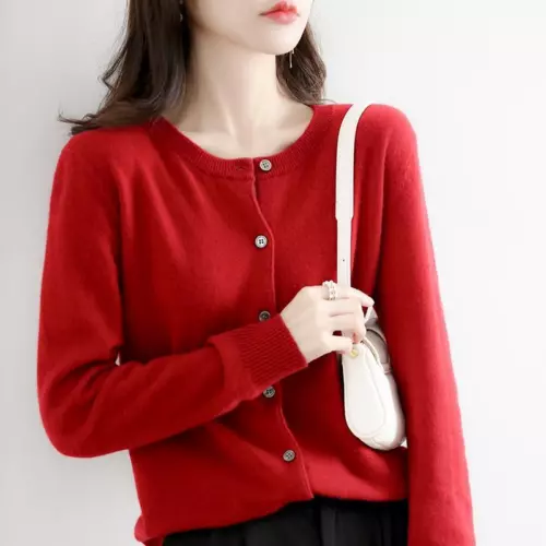 Cárdigan suéter simple de mezcla de cachemir para mujer color liso cuello redondo chaqueta abrigo - Imagen 12 de 37