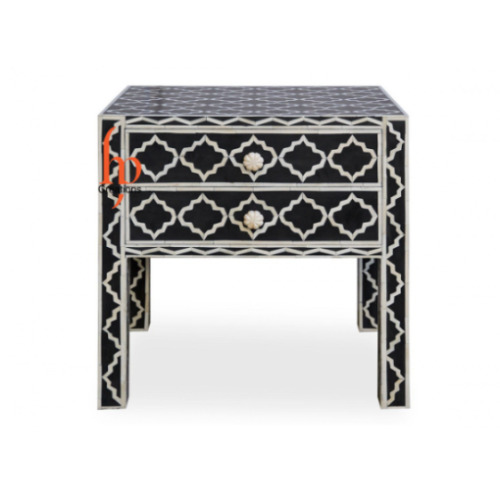 Black 2 Drawers Bedside Table/ Nightstand | Antique Bone Inlay Bedroom Table