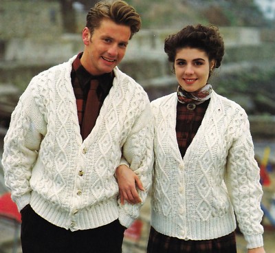 LADIES/MEN'S~ARAN~DIAMOND~CABLE~CARDIGANS~ KNITTING PATTERN SIZE