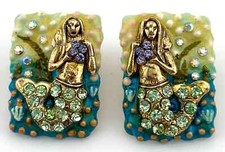 Mermaid Earrings Screw Back w/Lavender Green  White Stones - EC