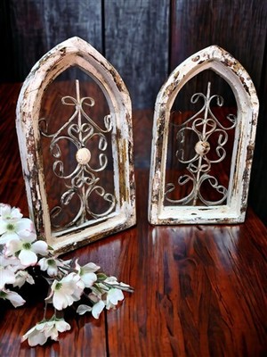 Pair Arched Wood Metal Gothic Window Frames, (10x17.5) Vintage Inspired, A