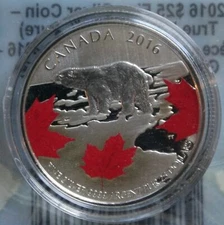 2016 CANADA $25 for $25 PURE SILVER COIN  Polar Bear w/Painted Maple Leaf RCM