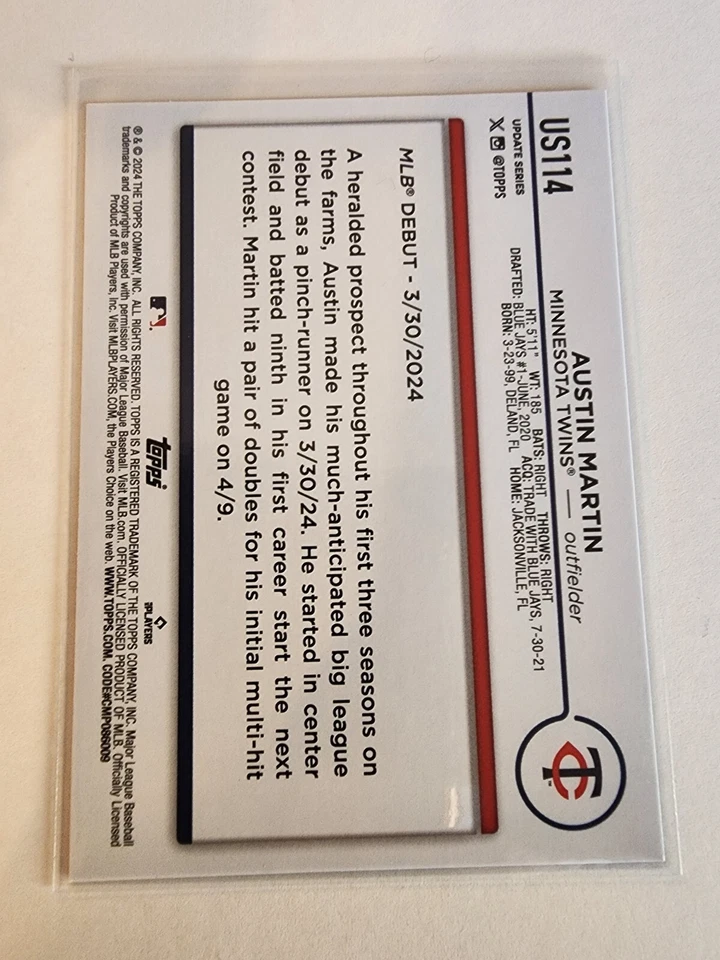 2024 Topps Update Series Austin Martin RC #US114 (Royal Blue) Minnesota Twins - Image 2 of 2