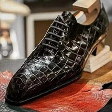 Men Handmade Black Leather Crocodile Pattern Formal Dress Lace-up Oxford Shoes