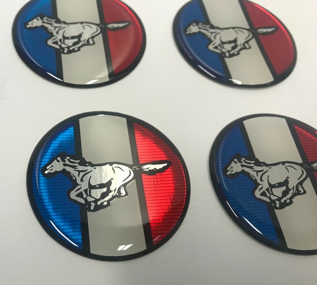 (4) Mustang Hub Cap/Wheel Center Emblems Vinyl Adhesive Medallions RWB