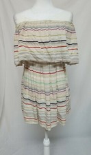 BP Dress XS Beige Striped Off Shoulder Tiered Linen Blend Knee Length