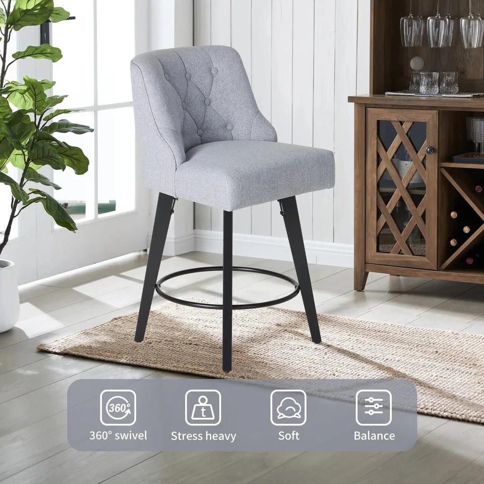 26" Bar Stools with Backs Set of 2 Fabric Swivel Bar Stools with Solid Wood Legs - Image 4 of 4