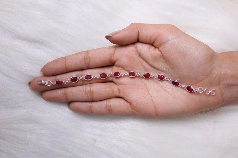 glass filled ruby Gemstone Bracelet 10 pcs Adjustable Bracelet in Silver - Image 3 of 4