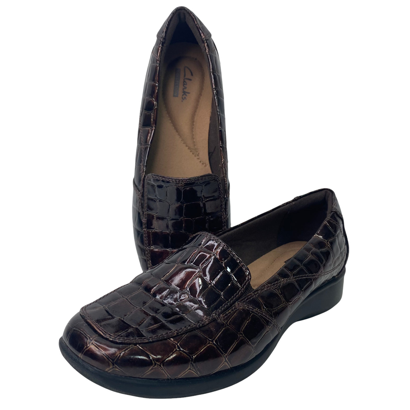 Clarks Comfort Loafers in Brown Croc-Patent Leather Size 6-image