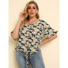 Plus Size Floral Round Neck Tie Hem Blouse