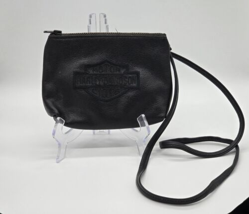 Harley Davinson Dunlop Crossbody Purse Black Leather Embroidered  7.5 X 6 X 1 - Picture 1 of 11