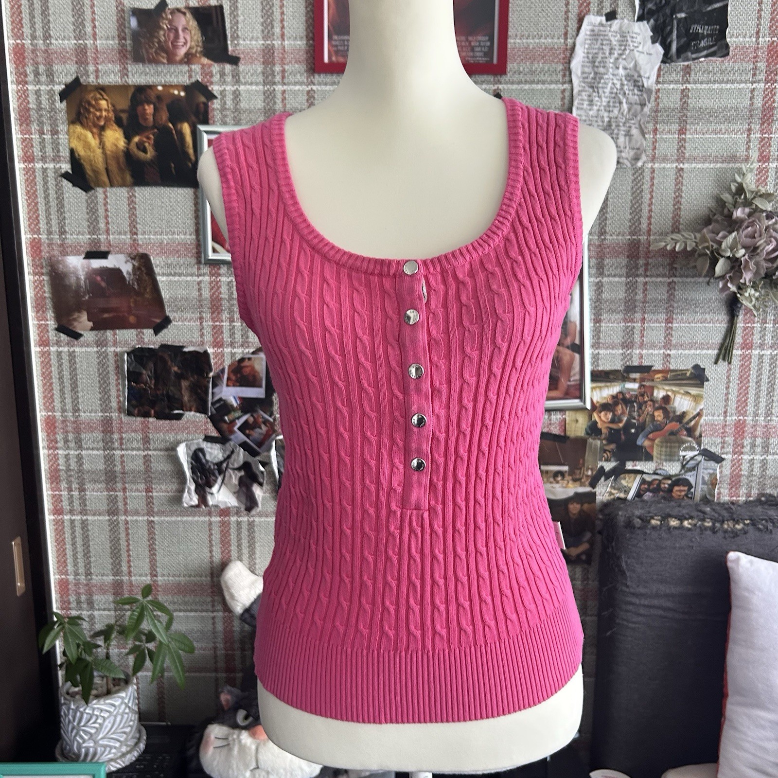 Vintage 2000s Pink Cable Knit Tank Top gyal Fairy Grunge Sleeveless Henley y2k