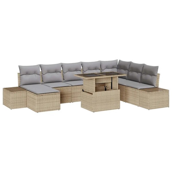 Gartensofa Set Poly-Rattan Beige Hellgrau Mit Kissen 9-Teilig-image