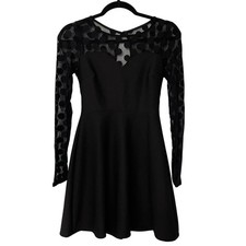 Lulus Hot Dot-ter Black Long Sleeve Dress Sweetheart lbd Small