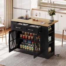 Kitchen island on wheels,with foldable tabletop,AC socket&USB adjustable shelves