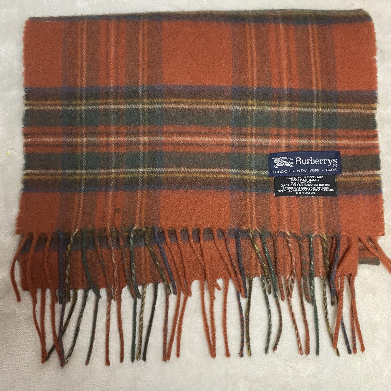 Vintage BURBERRY Tartan Wool Cashmere Scarf 12x55 Flawed Condition