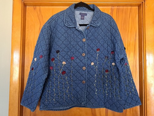 Life Style Quilted Jacket Womens XL Floral Embroidered Denim - Picture 1 of 8