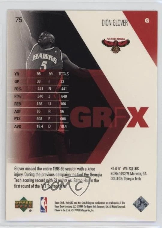 1999-00 Upper Deck HoloGrFX Rookie GRFX Dion Glover #75 Rookie RC - Image 2 of 2