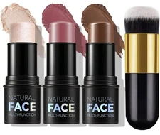 4pc Blush & Bronze & Highlighter Stick Kit With Contour Brush Assorted Colors