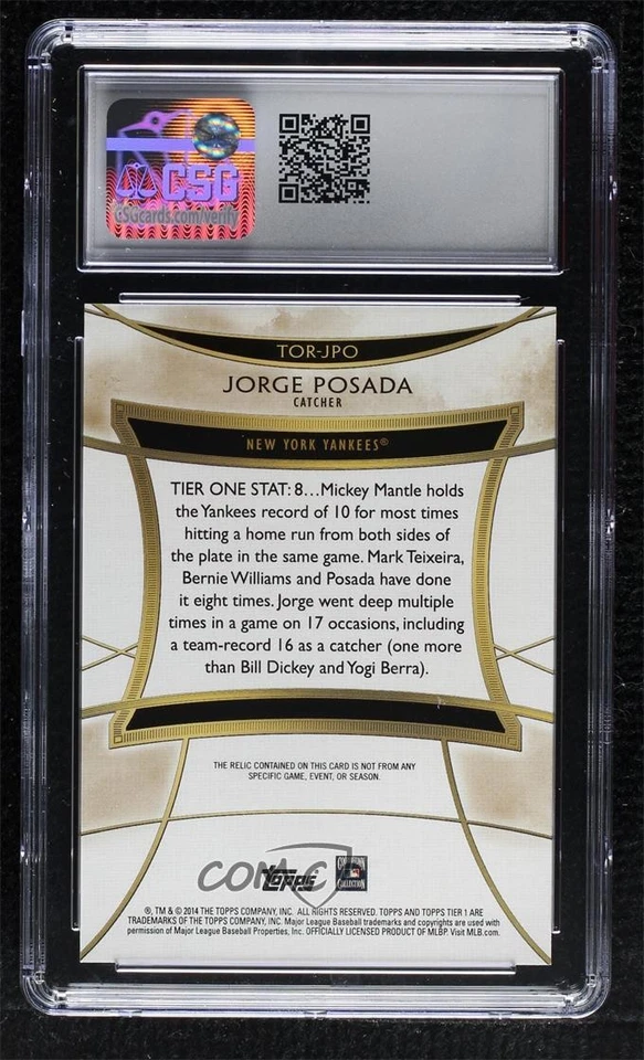 2014 Topps Tier One Relics /399 Jorge Posada #TOR-JPO CSG 10 Gem Mint - Image 2 of 2