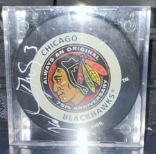 Jaroslav Spacek Chicago Blackhawks 75th Anniversary Signed Hockey Puck Original