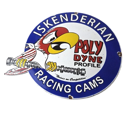 Vintage Iskenderian Racing Cams Porcelain Sign - Mod Rod Auto Gas Pump Shop Sign