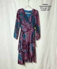 Tahari ASL Paisley Tiered Wrap Midi Dress Long Sleeve Tie Waist Aster Teal 8 NWT