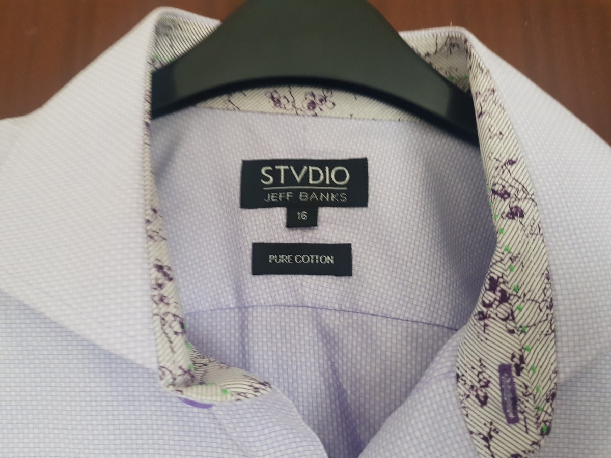 Jeff Banks Studio Pure Cotton Purple Long Sleeve Men's Shirt Size 16" Button Up View 5