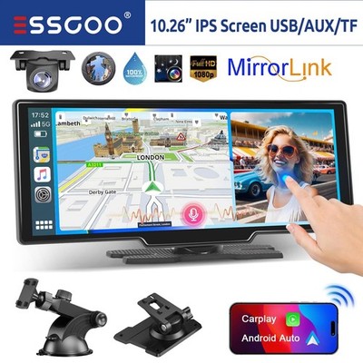 10.26'' Wireless Carplay/Android Auto Car Touch Stereo BT FM GPS Navi with Camera