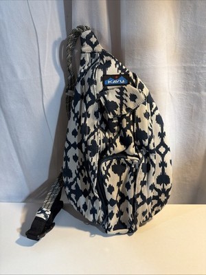 KAVU Rope Sling Shoulder Bag Blue Ikat Print Adjustable Strap & Multiple Pockets