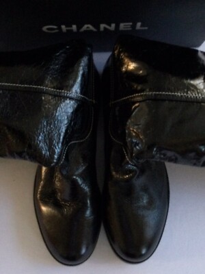 Chanel Women's Black And White Patent Leather Logo Western Boots